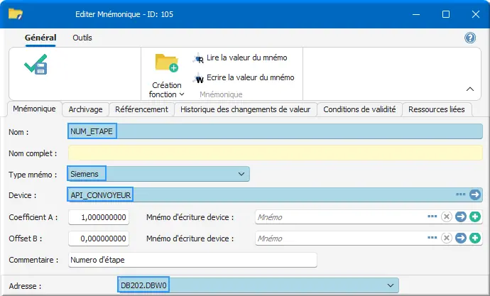 Déclarer mnémo NUM_ETAPE INT